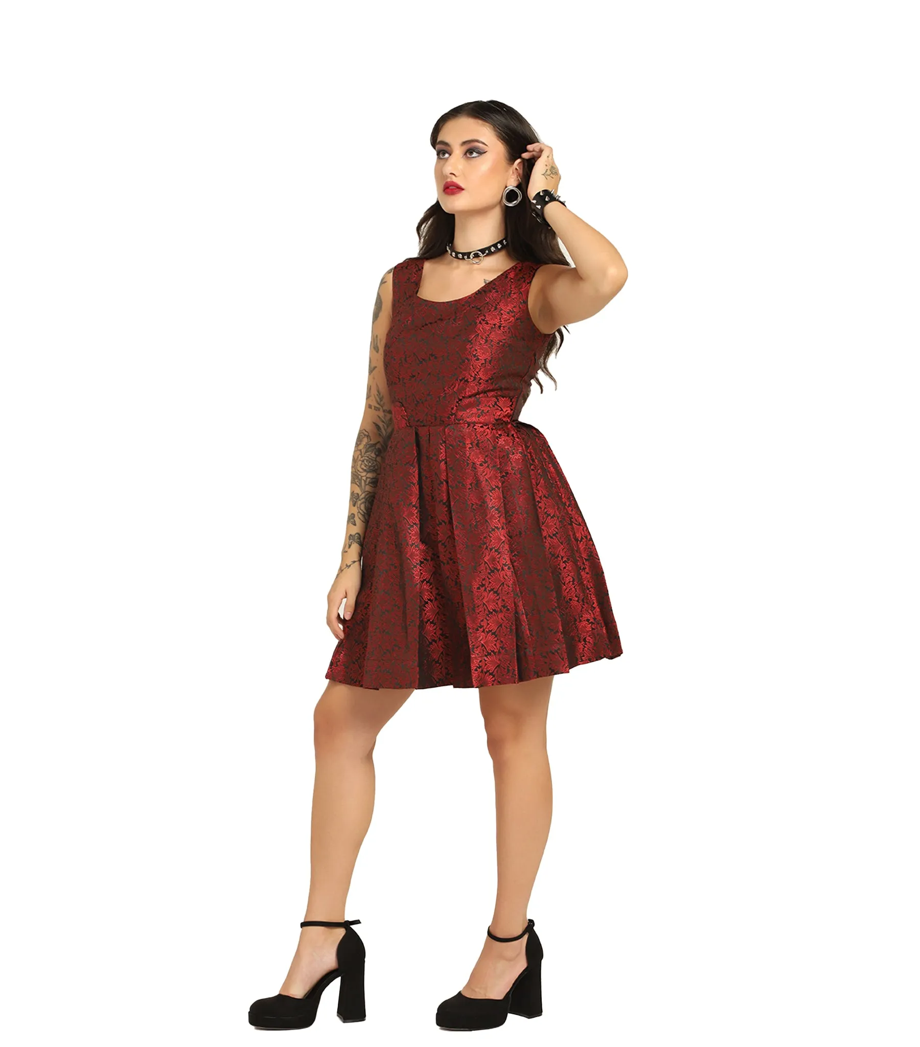 Gothic Steampunk Charm - Trendy Pleated Brocade Dress