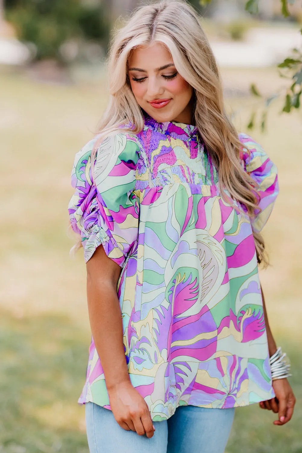 Green Abstract Print Bubble Sleeve Smock Detail Blouse