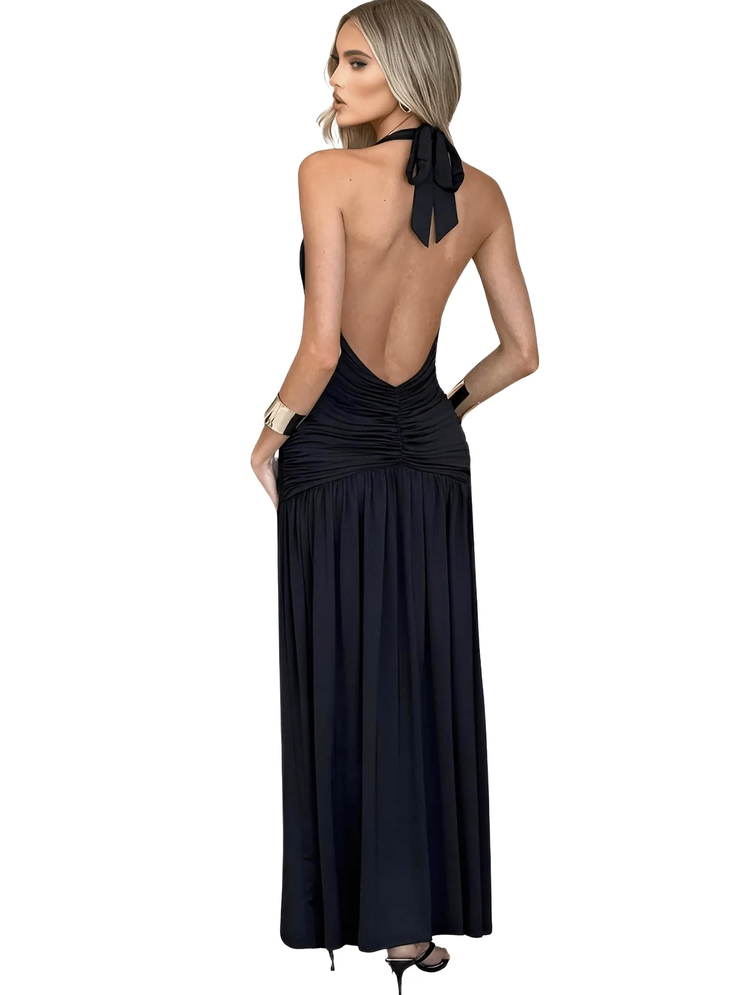 Halter Deep-V Backless Maxi Dress For Women Fashion Solid Sleeveless Thigh High Split Sexy Long Dress Elegant