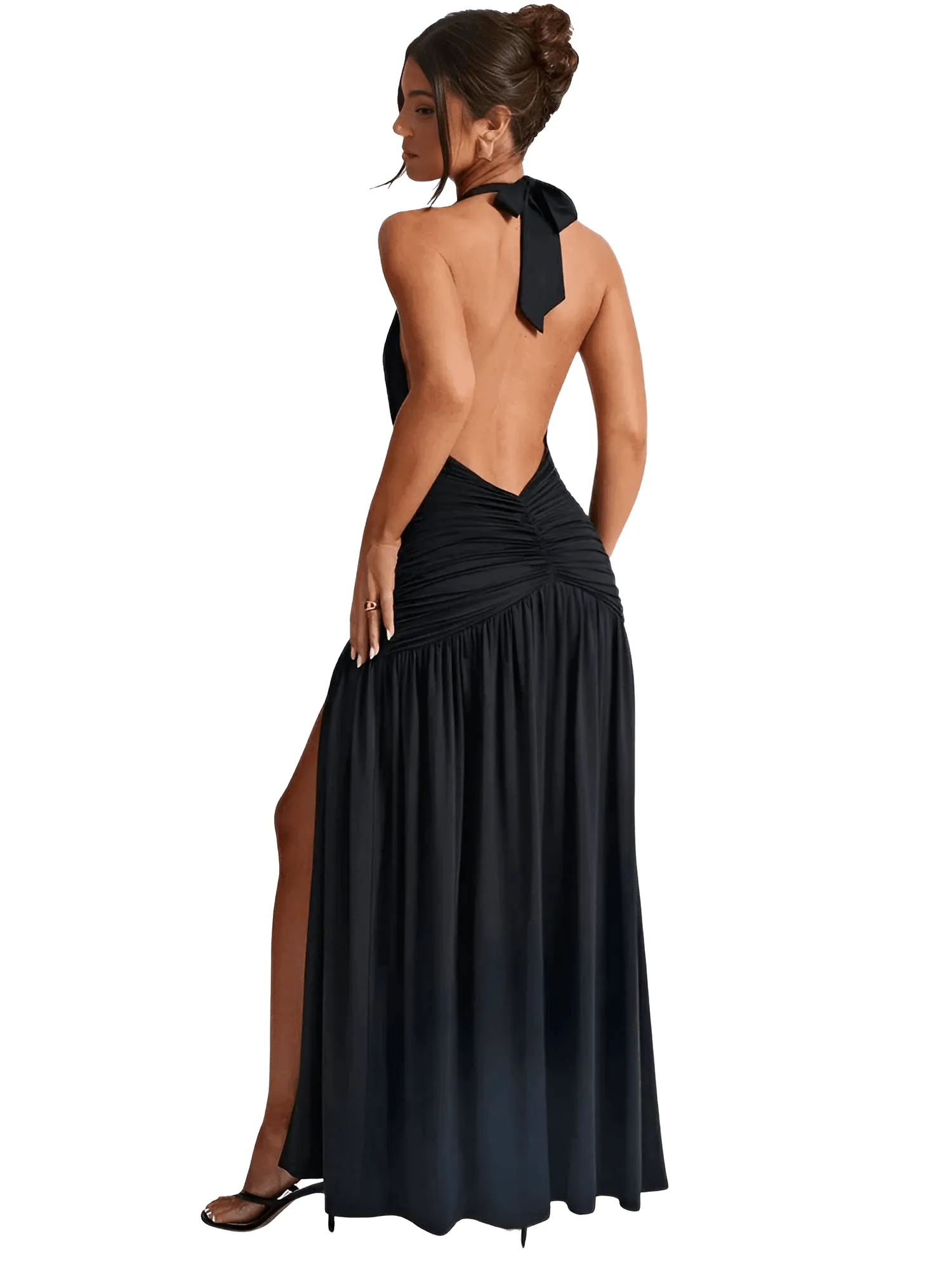 Halter Deep-V Backless Maxi Dress For Women Fashion Solid Sleeveless Thigh High Split Sexy Long Dress Elegant