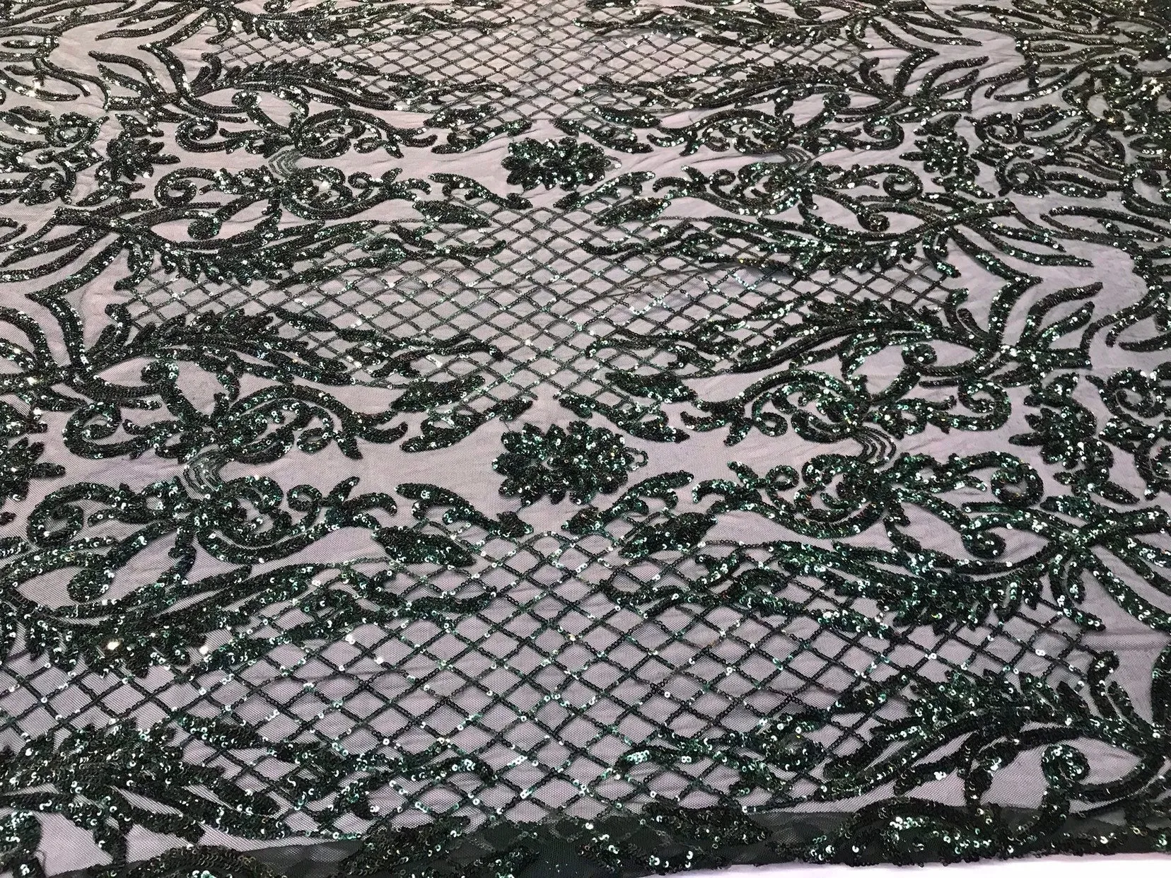 Hunter green sequins damask design embroidery on a 4 way stretch power mesh-dresses-fashion-apparel-prom-nightgown-sold by the yard.