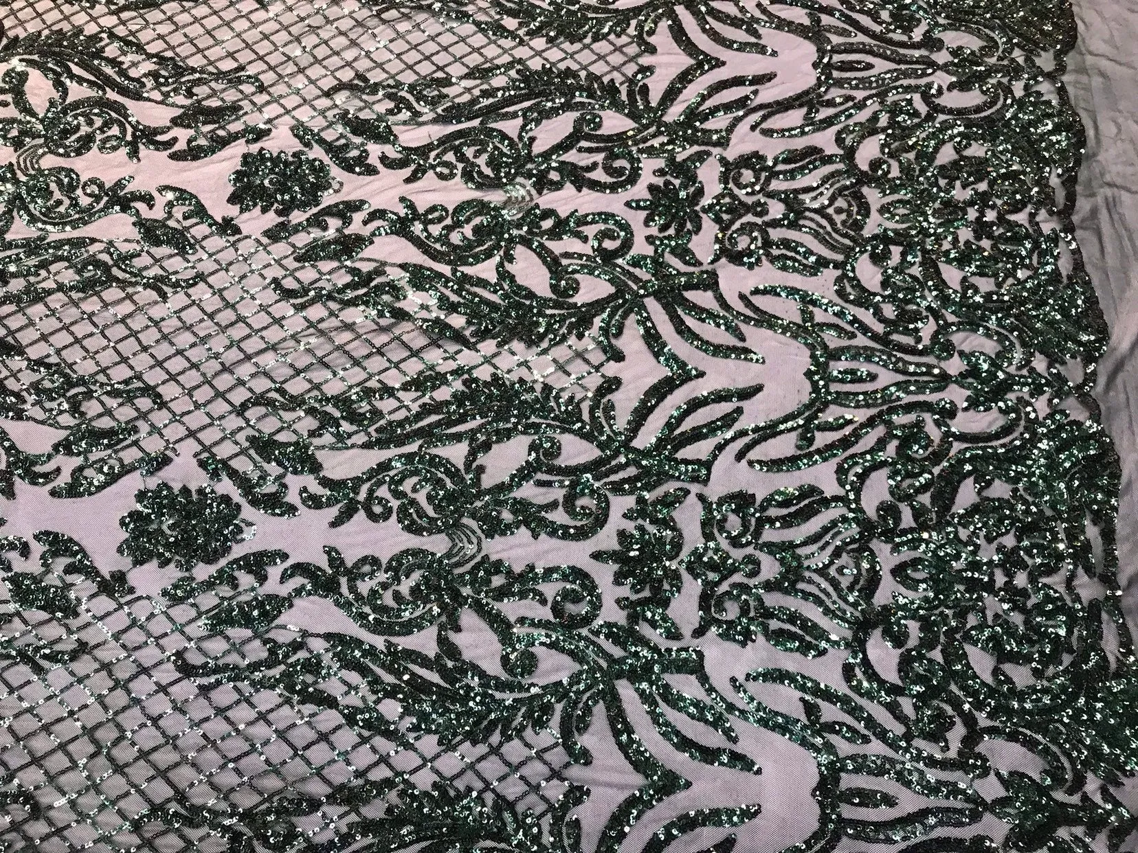 Hunter green sequins damask design embroidery on a 4 way stretch power mesh-dresses-fashion-apparel-prom-nightgown-sold by the yard.