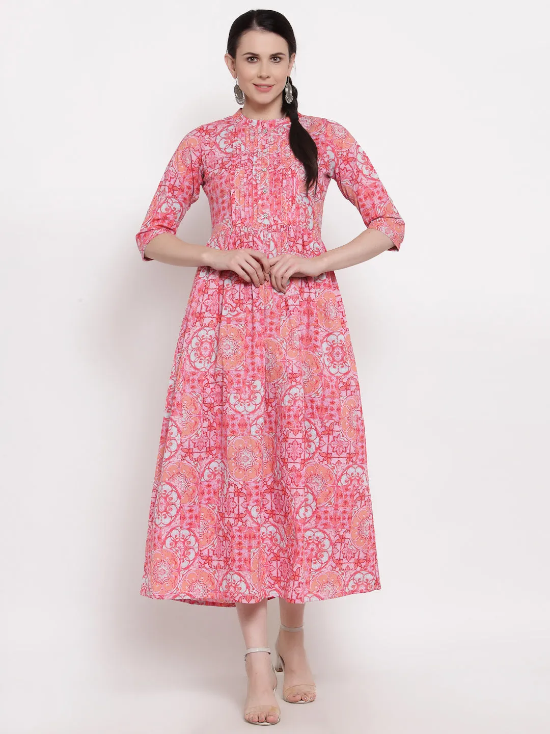 Indibelle Cotton Pintucks Floral Print A-Line Dress (Pink)