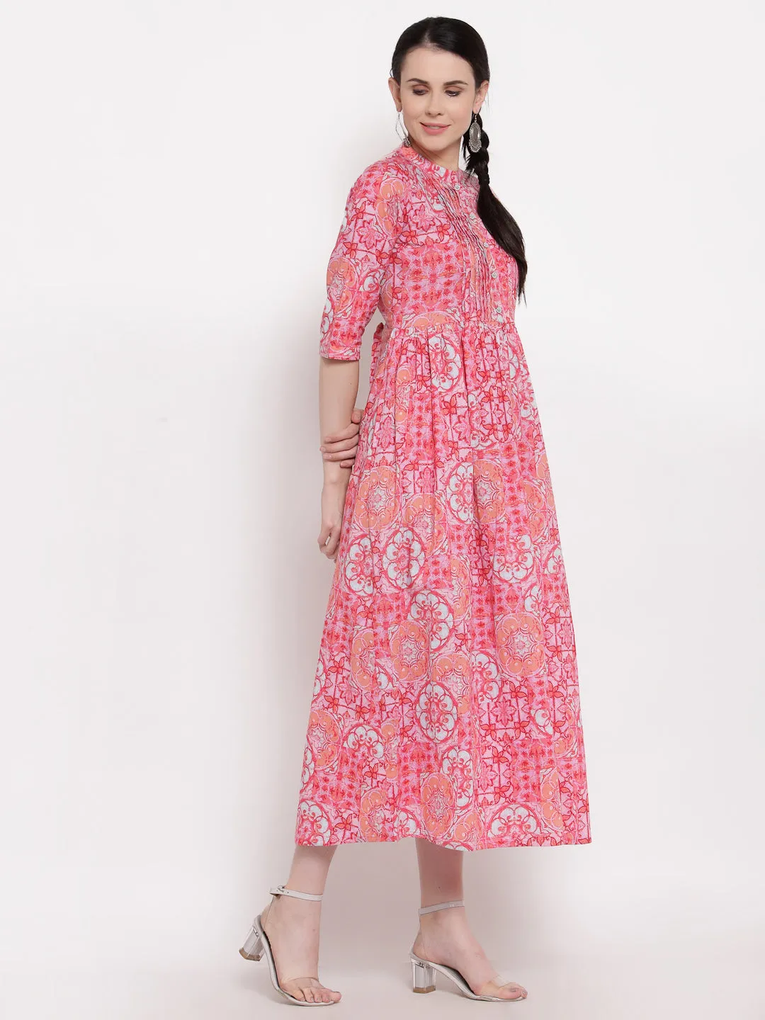 Indibelle Cotton Pintucks Floral Print A-Line Dress (Pink)