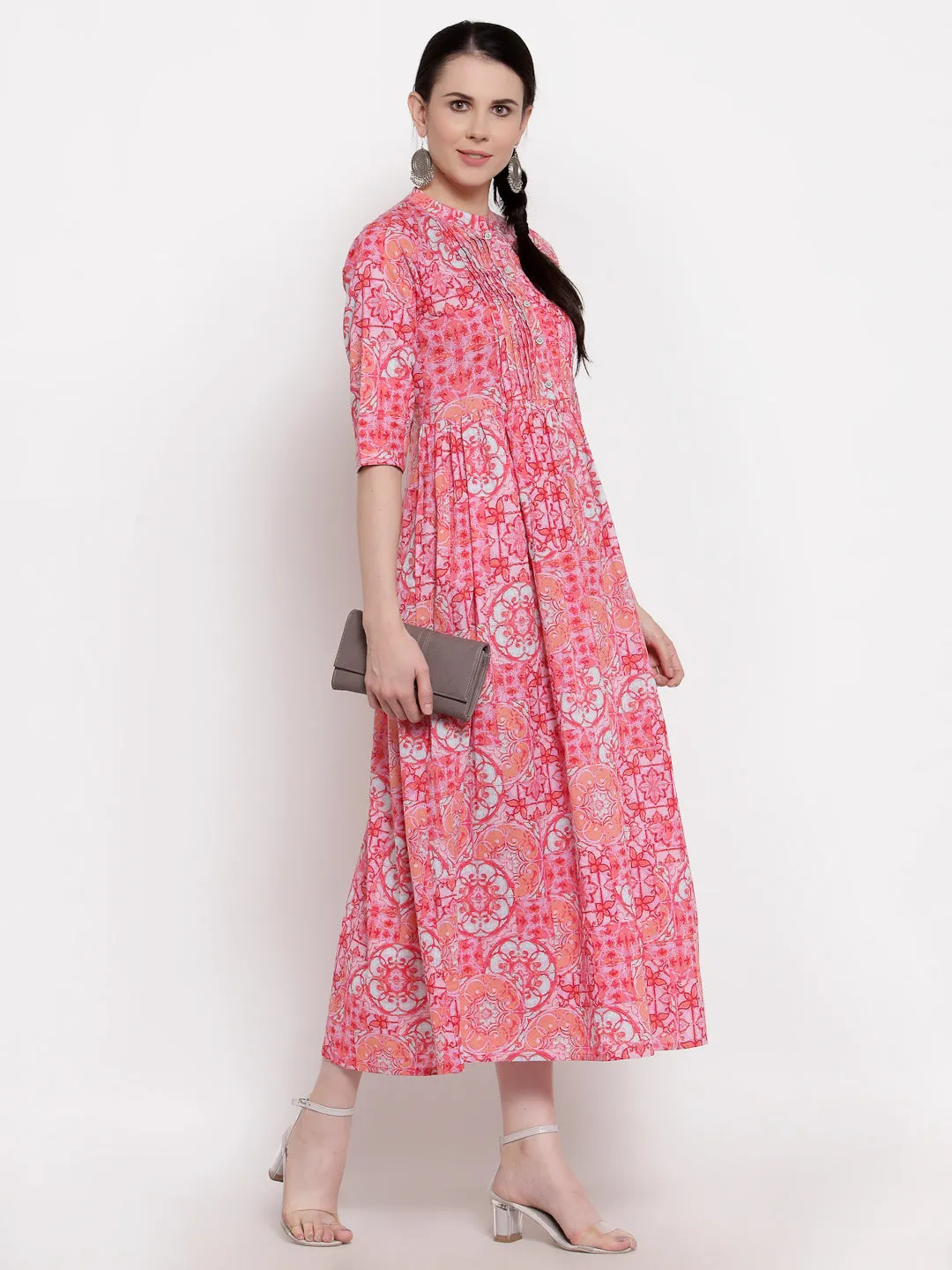 Indibelle Cotton Pintucks Floral Print A-Line Dress (Pink)