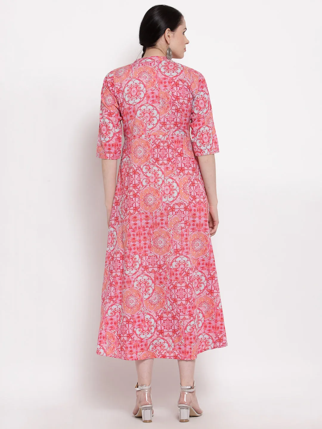 Indibelle Cotton Pintucks Floral Print A-Line Dress (Pink)