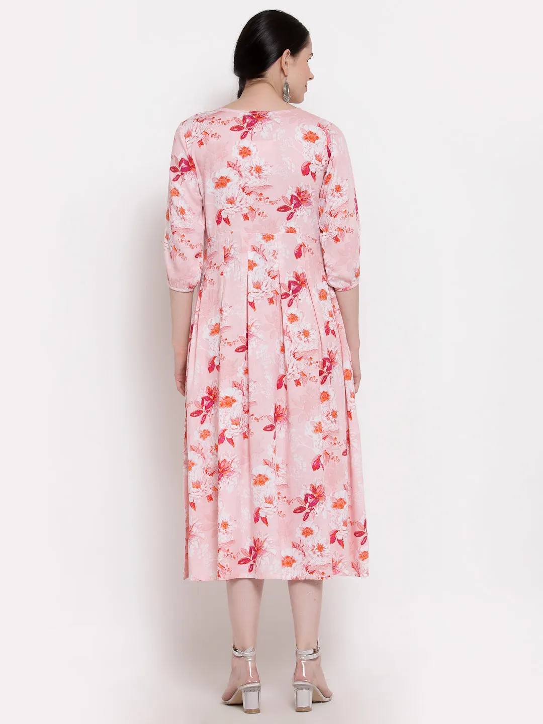 Indibelle Rayon Floral Print Midi Dress (Pink)