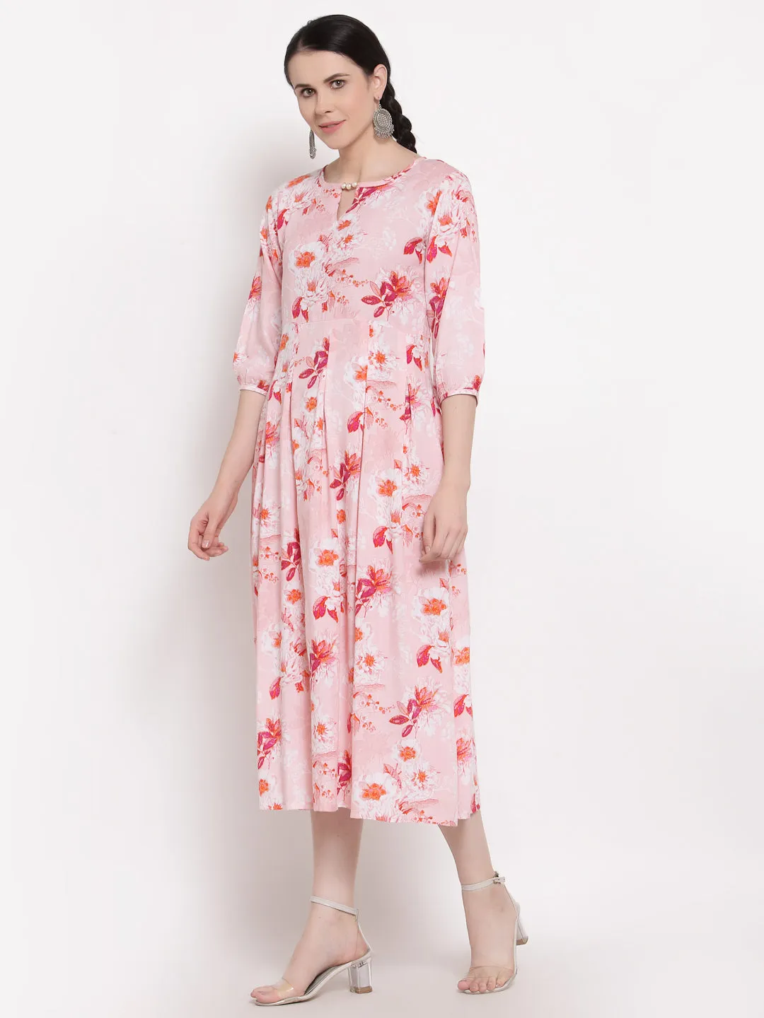 Indibelle Rayon Floral Print Midi Dress (Pink)