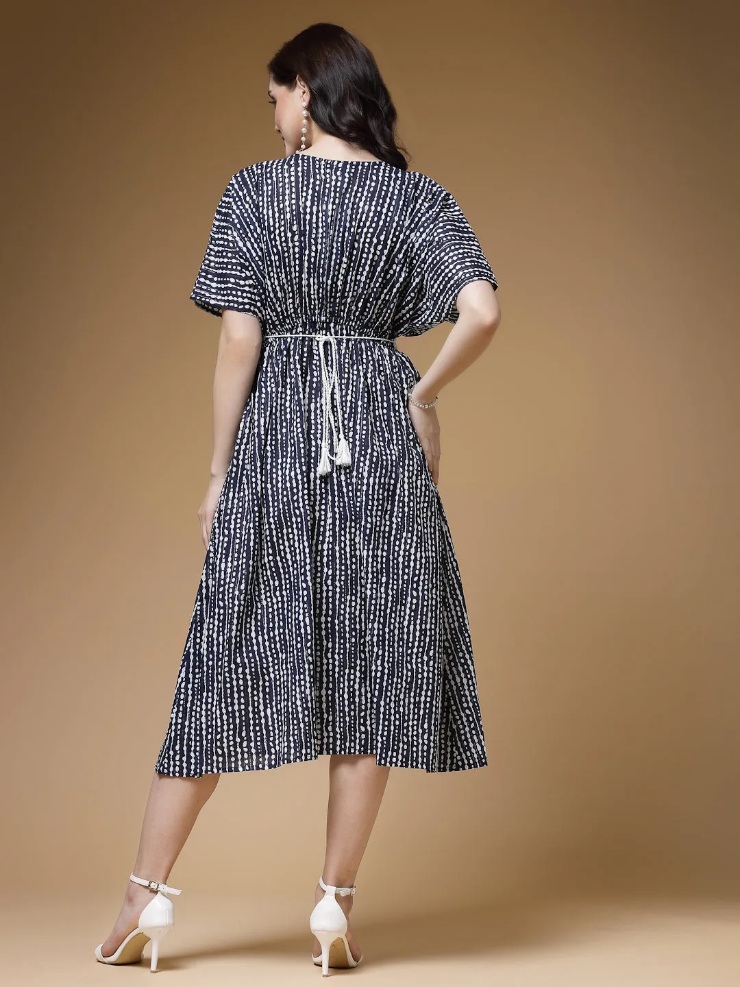 Indibelle Stripe Print Cotton Belted Flared Dress (Blue)