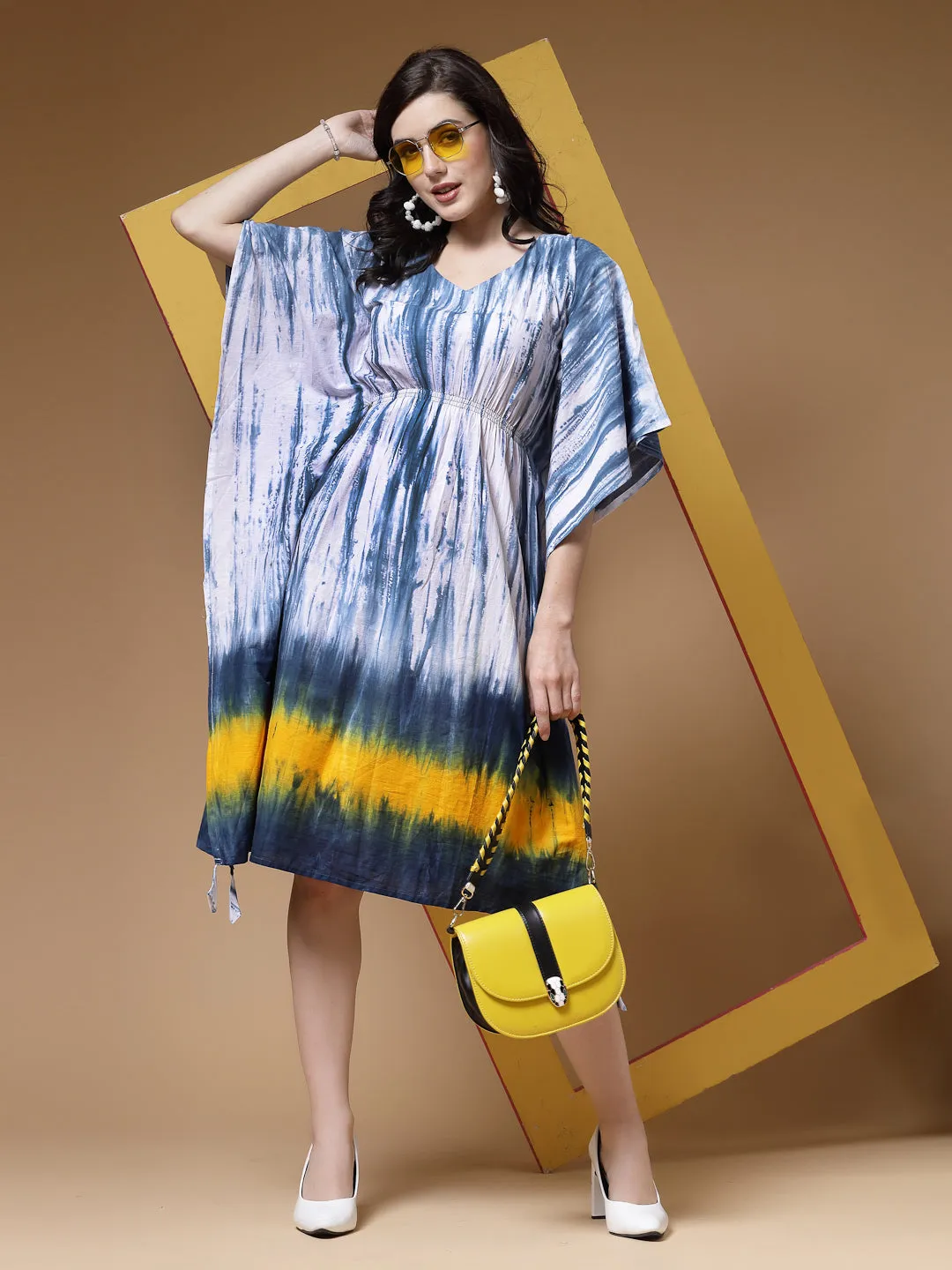 Indibelle Tie Dye Print Cotton Kaftan Dress (Blue)