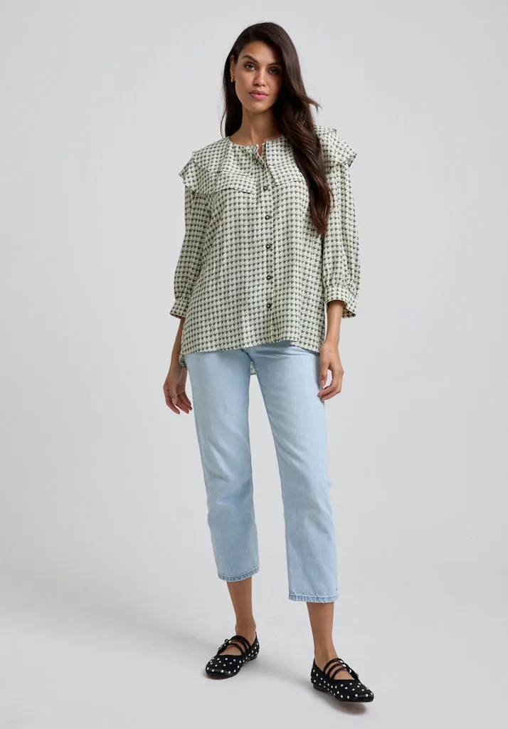 Keira Split Collar Houndstooth Print Blouse In Green