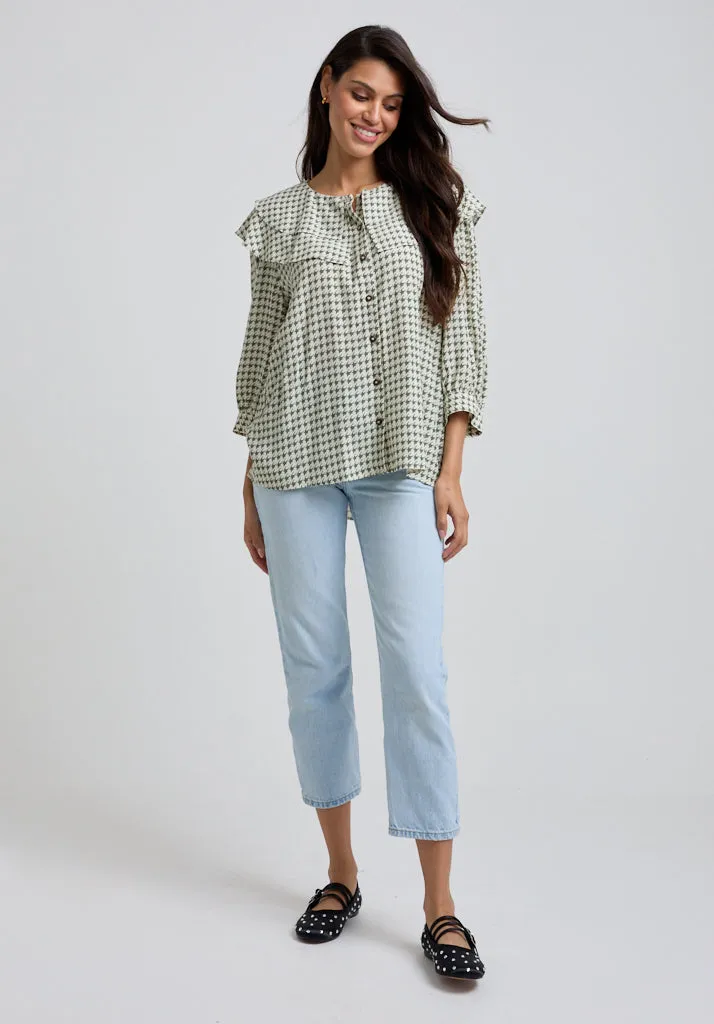 Keira Split Collar Houndstooth Print Blouse In Green