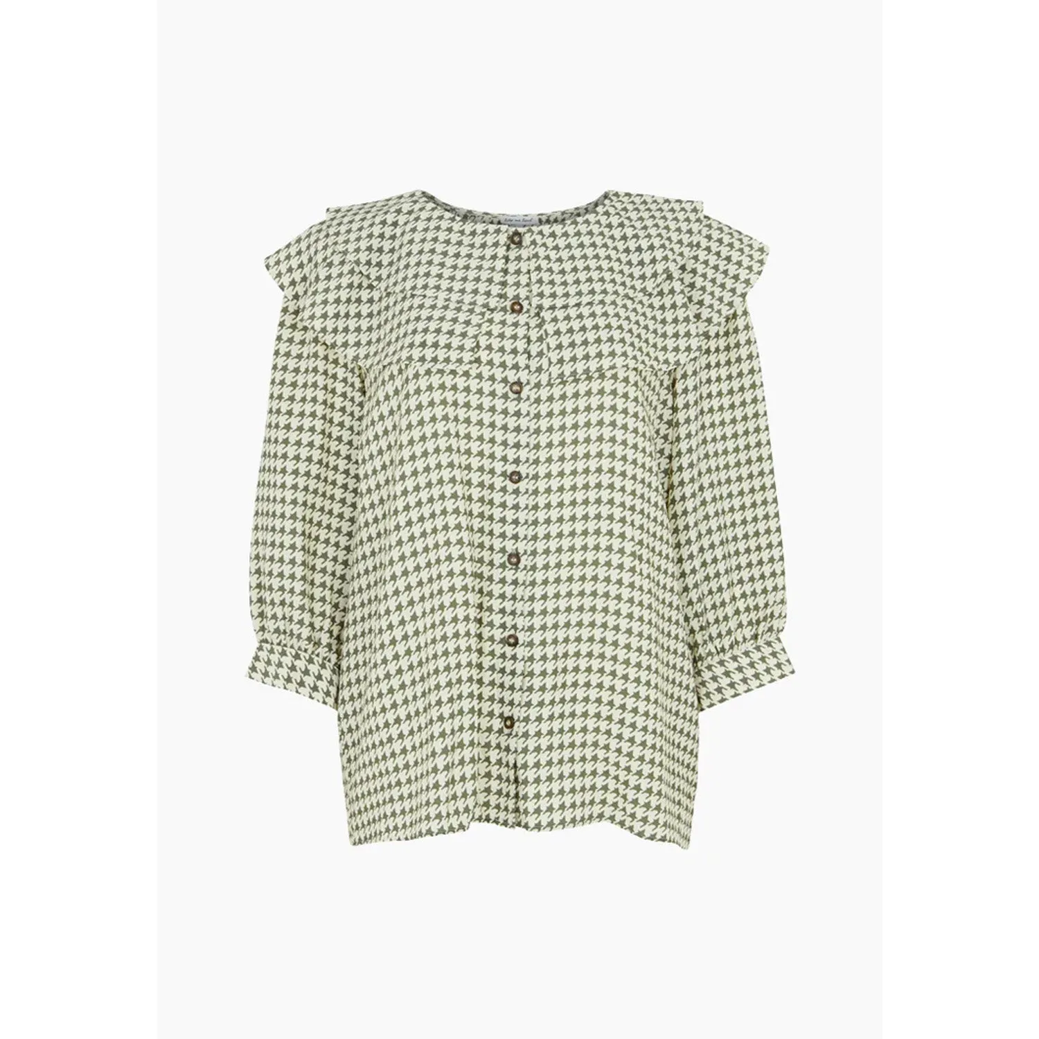 Keira Split Collar Houndstooth Print Blouse In Green