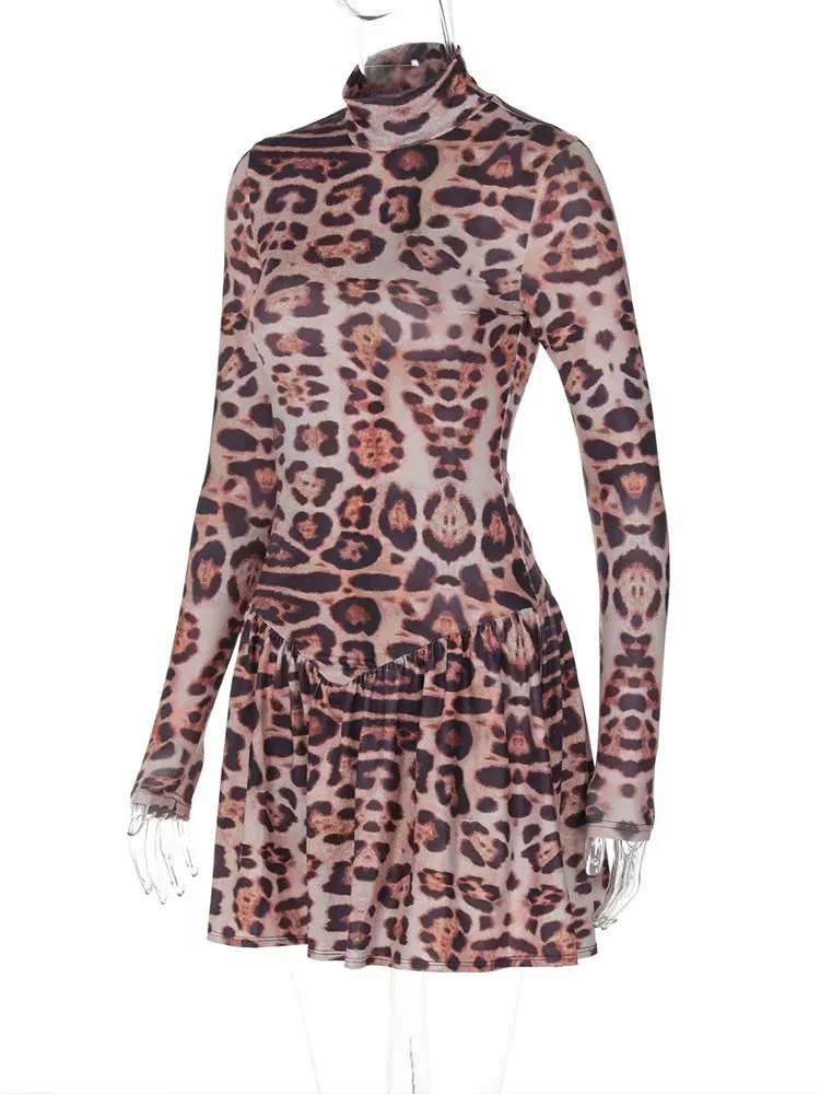 Leopard Print Party Dress Long Sleeve Mini Dress