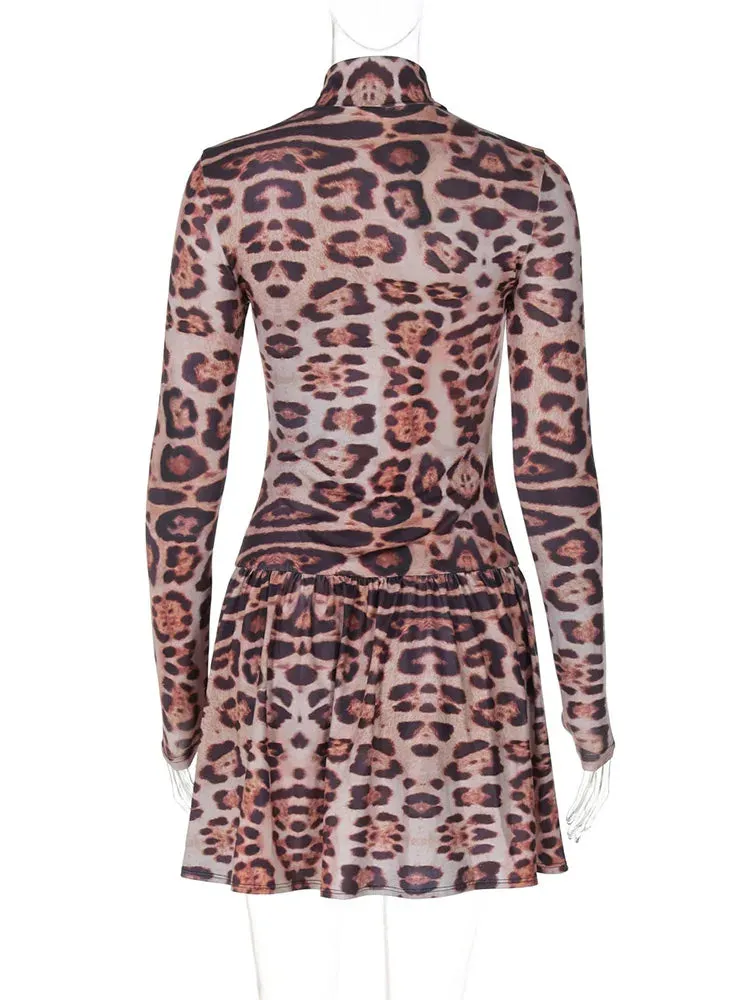 Leopard Print Party Dress Long Sleeve Mini Dress