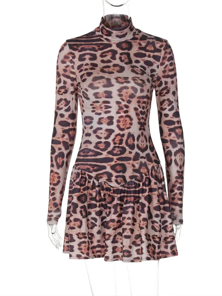 Leopard Print Party Dress Long Sleeve Mini Dress