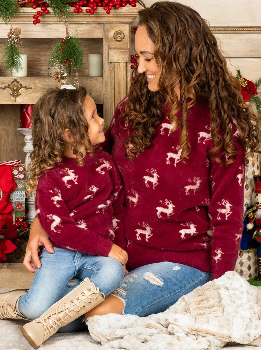 Mommy and Me Reindeer Queen Fuzzy Sweater