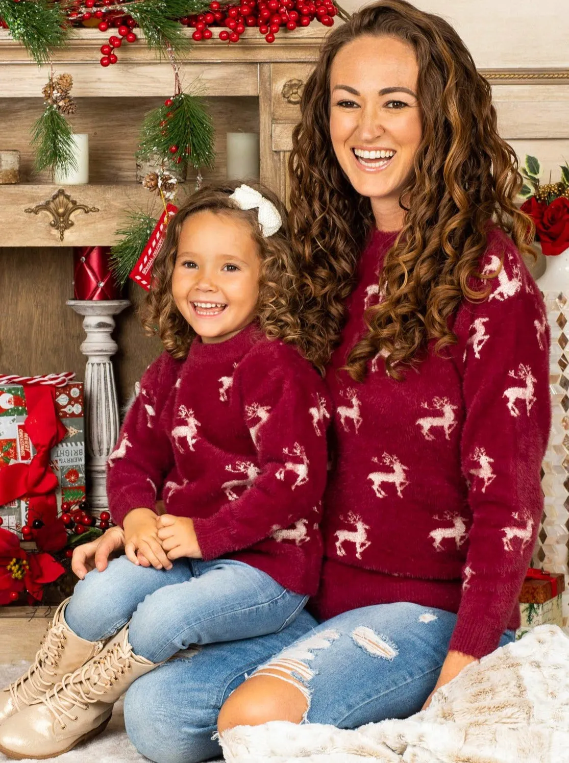 Mommy and Me Reindeer Queen Fuzzy Sweater