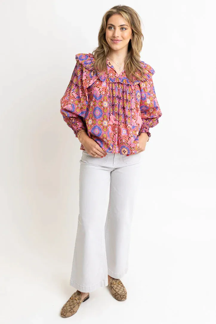 Pink Kaleidoscope Ruffle V-Neck Top