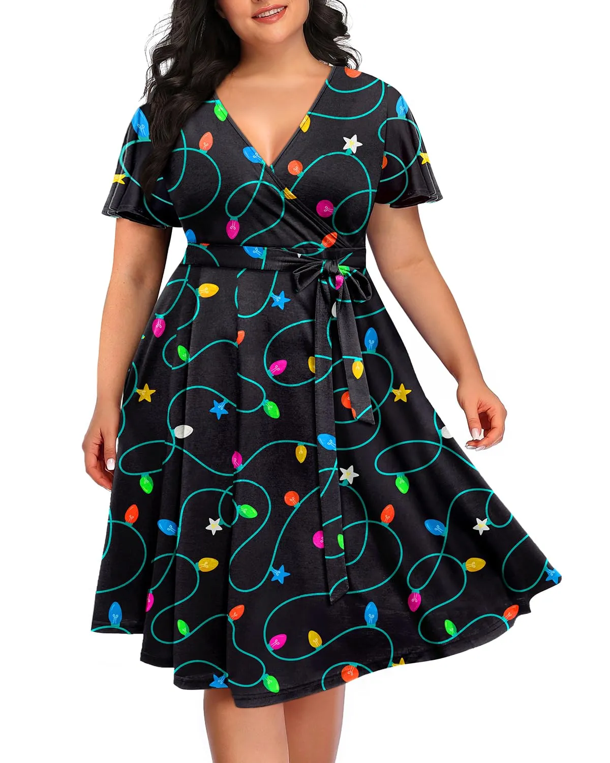 Pinup Fashion Women Plus Size Christmas Dress — Ugly Xmas Holiday Funny Lights Print 2024 Fall Wrap V-Neck Short Sleeve Midi Dresses