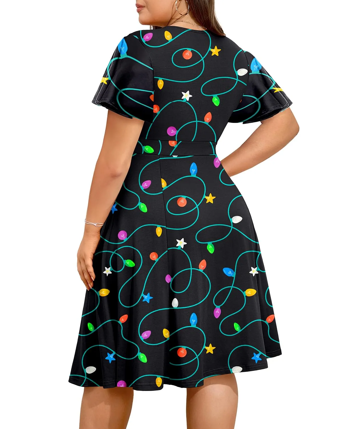 Pinup Fashion Women Plus Size Christmas Dress — Ugly Xmas Holiday Funny Lights Print 2024 Fall Wrap V-Neck Short Sleeve Midi Dresses