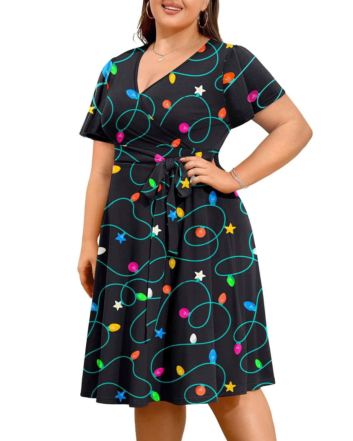 Pinup Fashion Women Plus Size Christmas Dress — Ugly Xmas Holiday Funny Lights Print 2024 Fall Wrap V-Neck Short Sleeve Midi Dresses