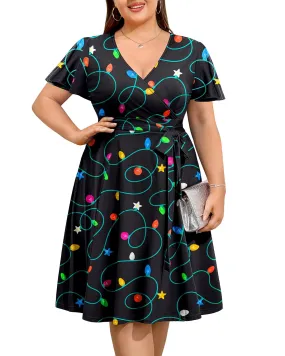 Pinup Fashion Women Plus Size Christmas Dress — Ugly Xmas Holiday Funny Lights Print 2024 Fall Wrap V-Neck Short Sleeve Midi Dresses