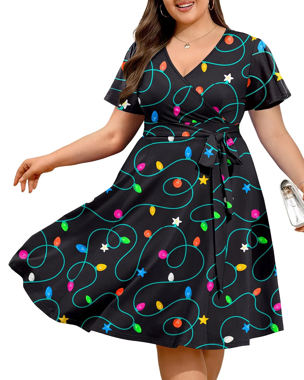 Pinup Fashion Women Plus Size Christmas Dress — Ugly Xmas Holiday Funny Lights Print 2024 Fall Wrap V-Neck Short Sleeve Midi Dresses