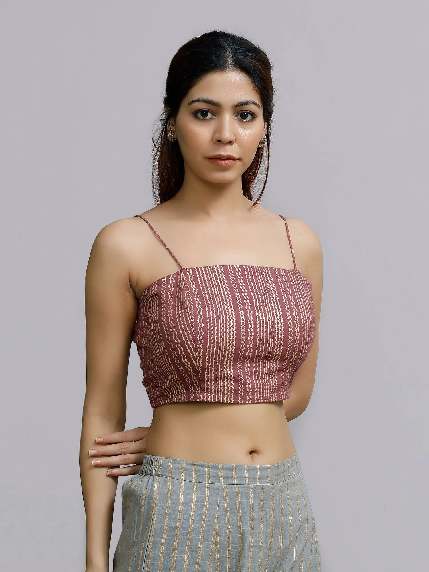 Plum Block-Printed Strappy Bustier Crop Top