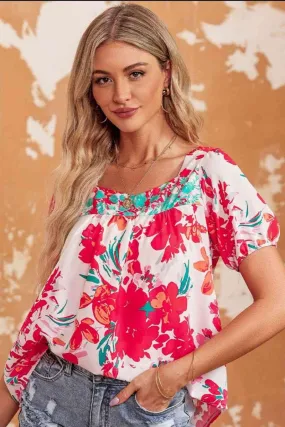 Poppy Petals Short Sleeve Floral Printed Blouse