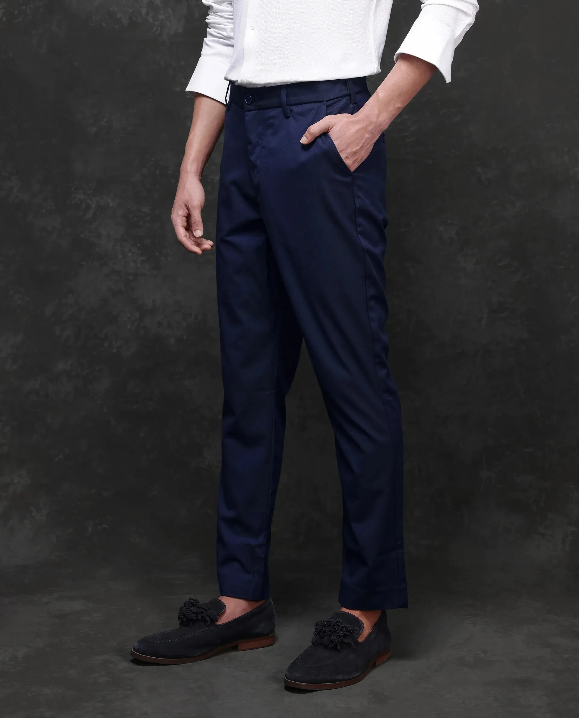 Rare Rabbit Men Ital Navy Button Closure Regular Fit Plain Trouser