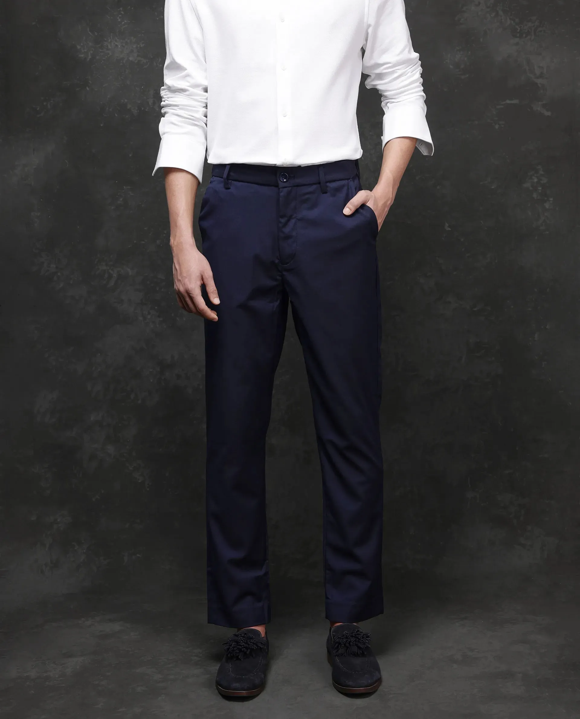 Rare Rabbit Men Ital Navy Button Closure Regular Fit Plain Trouser