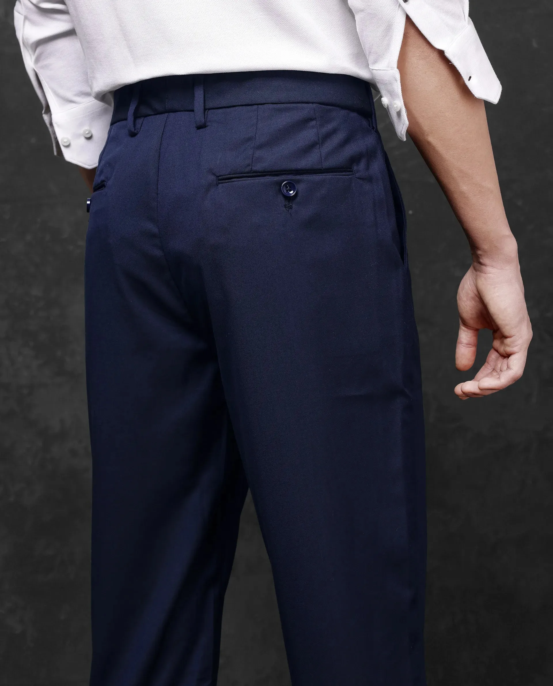 Rare Rabbit Men Ital Navy Button Closure Regular Fit Plain Trouser