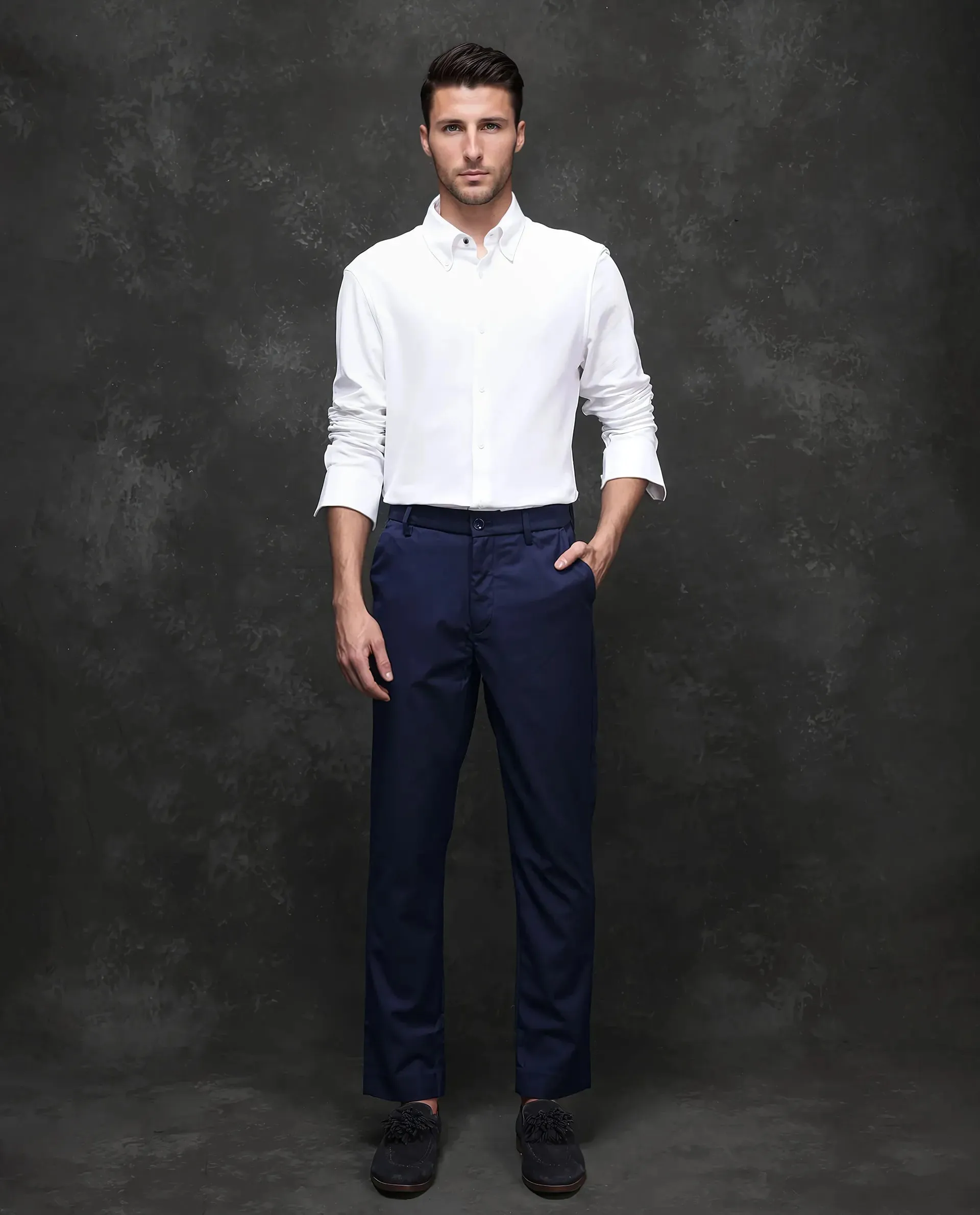 Rare Rabbit Men Ital Navy Button Closure Regular Fit Plain Trouser