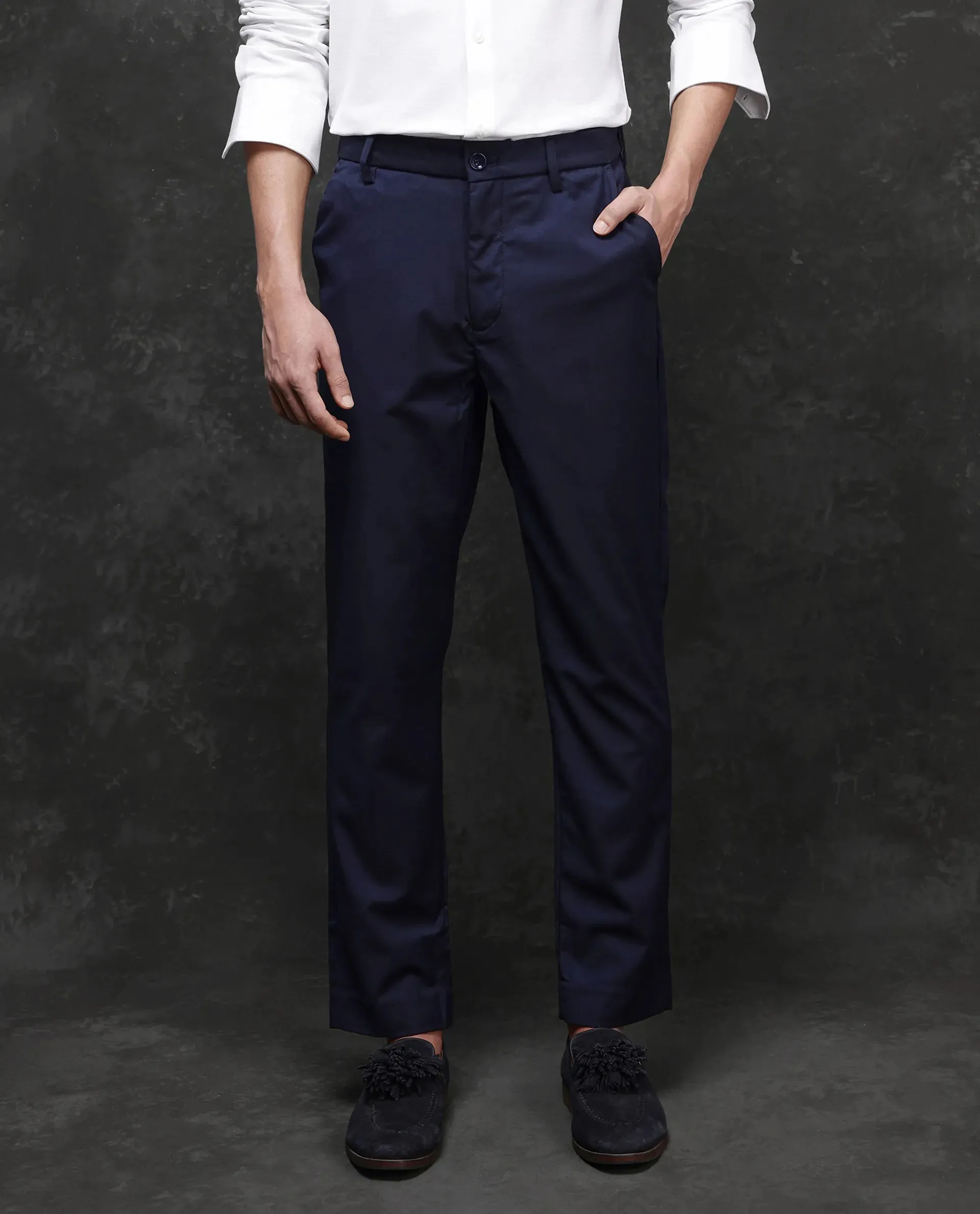 Rare Rabbit Men Ital Navy Button Closure Regular Fit Plain Trouser