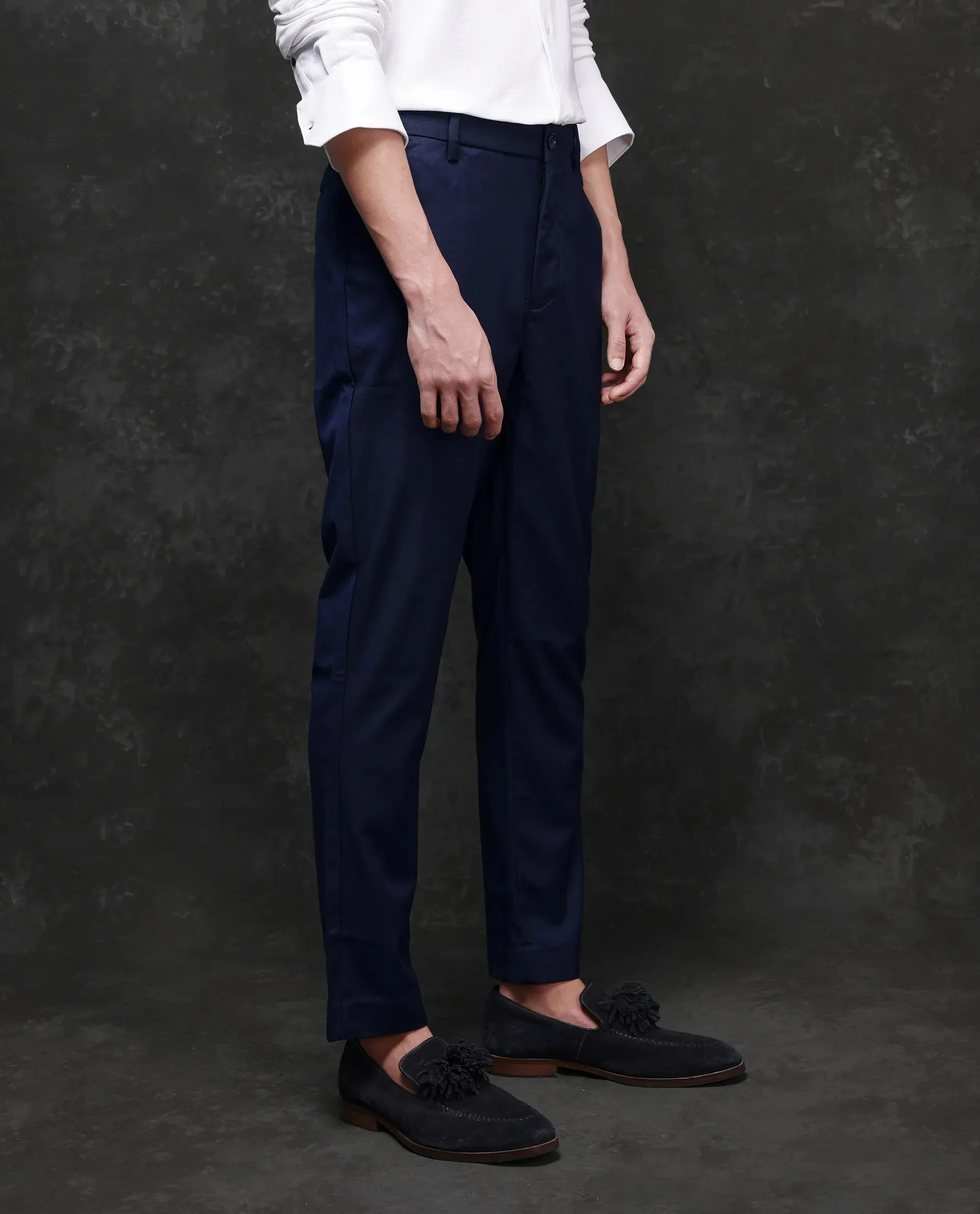 Rare Rabbit Men Ital Navy Button Closure Regular Fit Plain Trouser