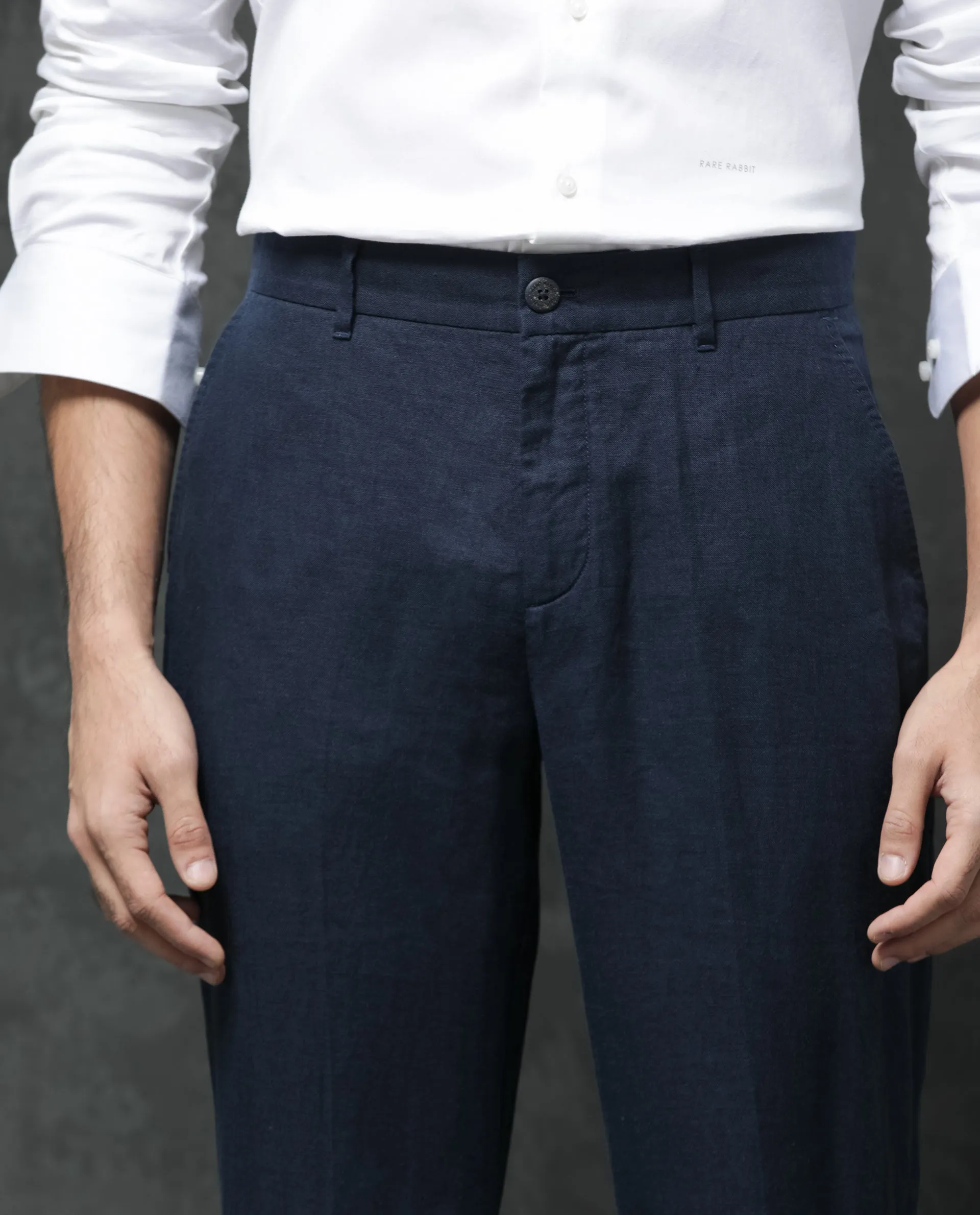 Rare Rabbit Mens Arcelo Navy Linen Solid Color Trouser