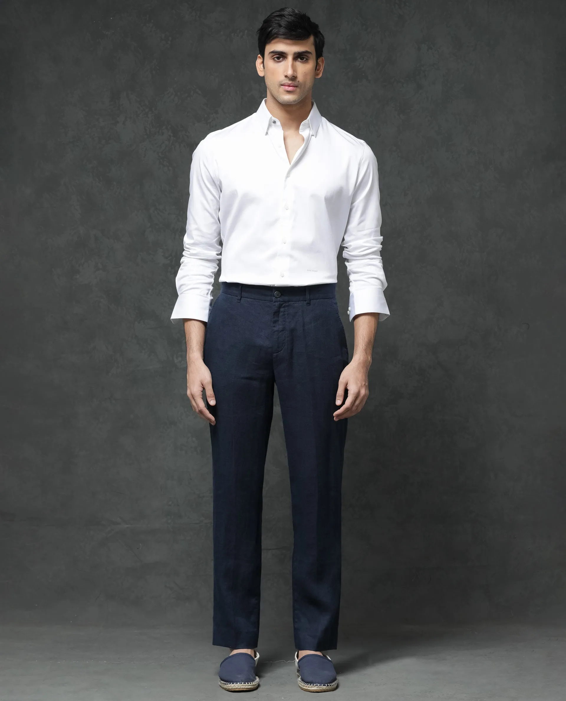 Rare Rabbit Mens Arcelo Navy Linen Solid Color Trouser