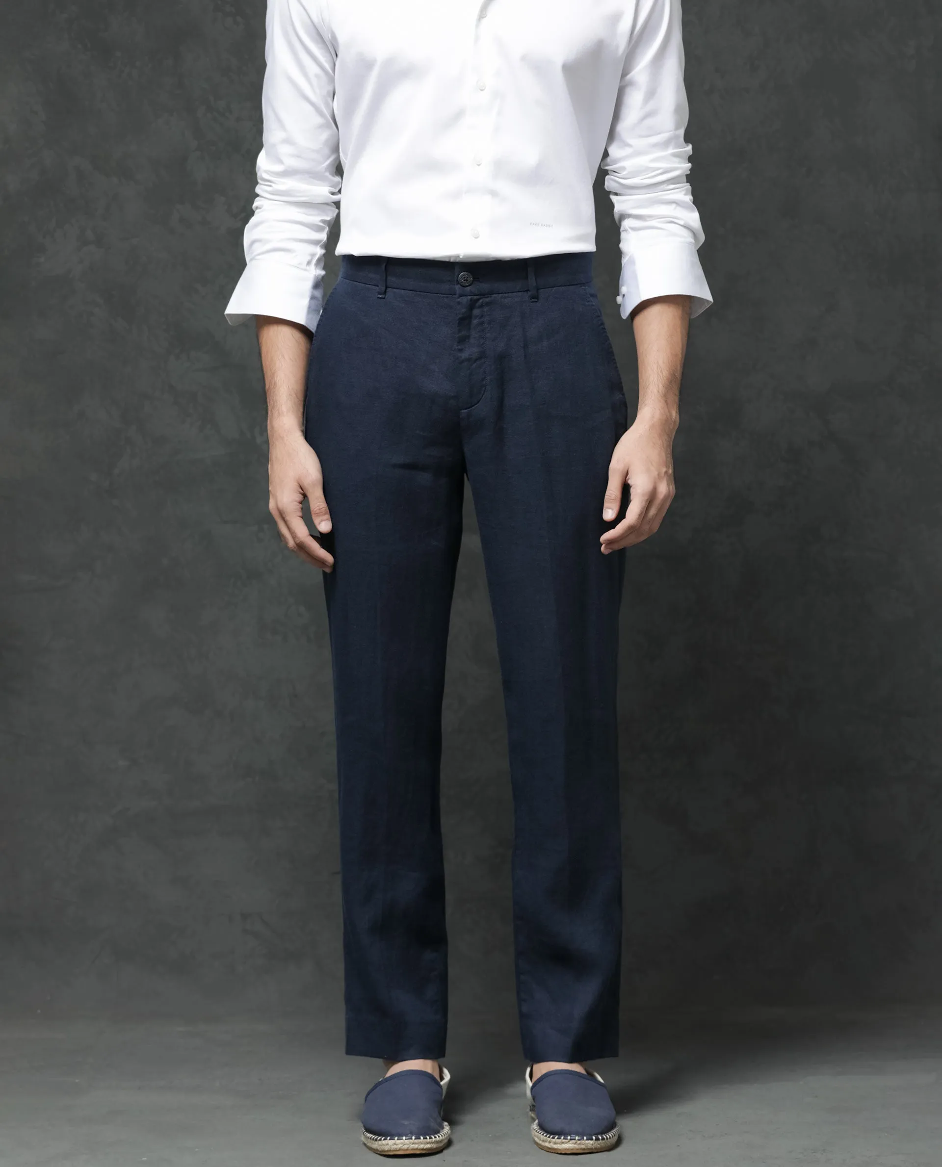 Rare Rabbit Mens Arcelo Navy Linen Solid Color Trouser