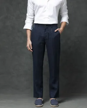 Rare Rabbit Mens Arcelo Navy Linen Solid Color Trouser