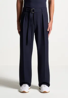 Relaxed Fit Textured Belted Tailored Trousers - Navy