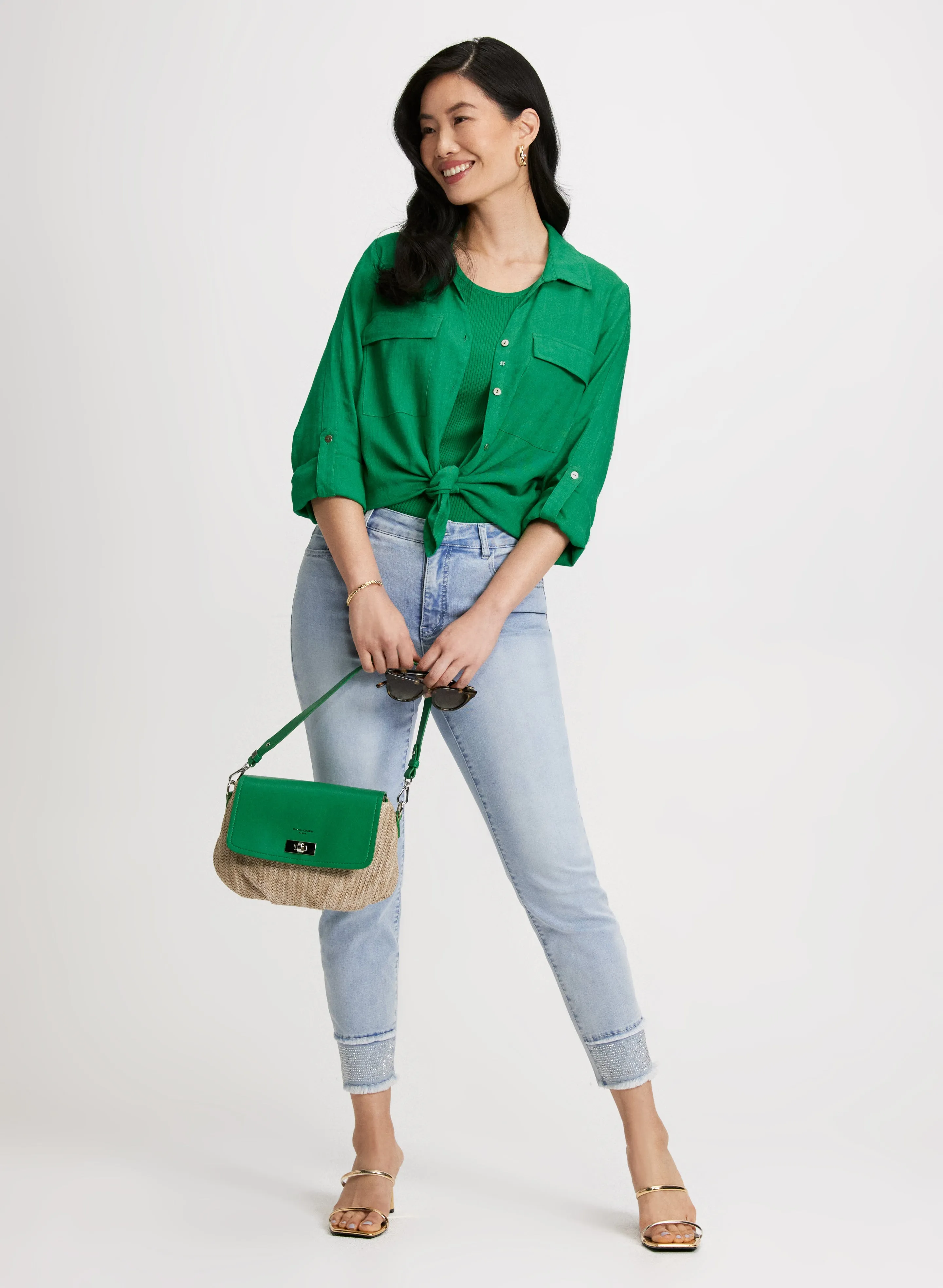 Rolled Sleeves Linen Blend Blouse