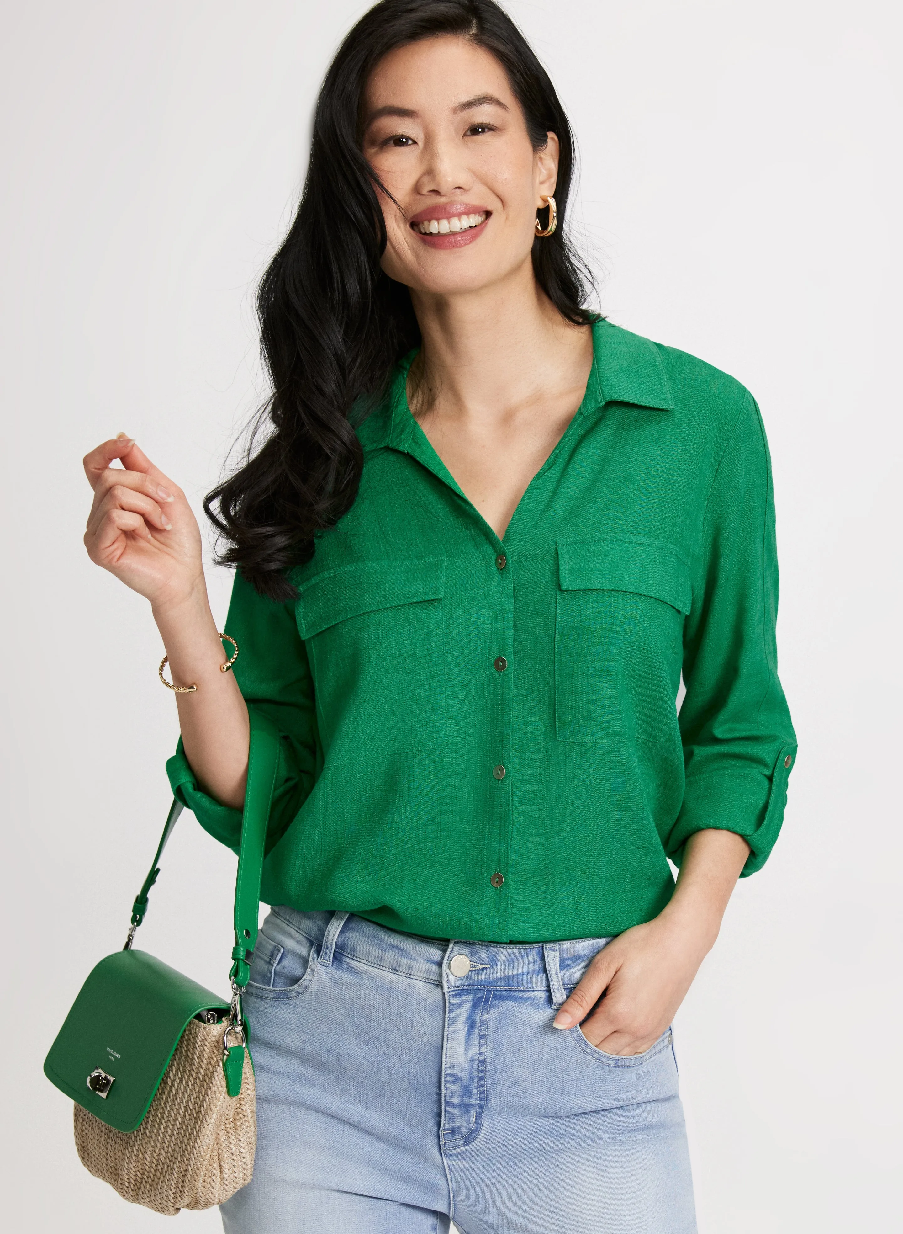 Rolled Sleeves Linen Blend Blouse