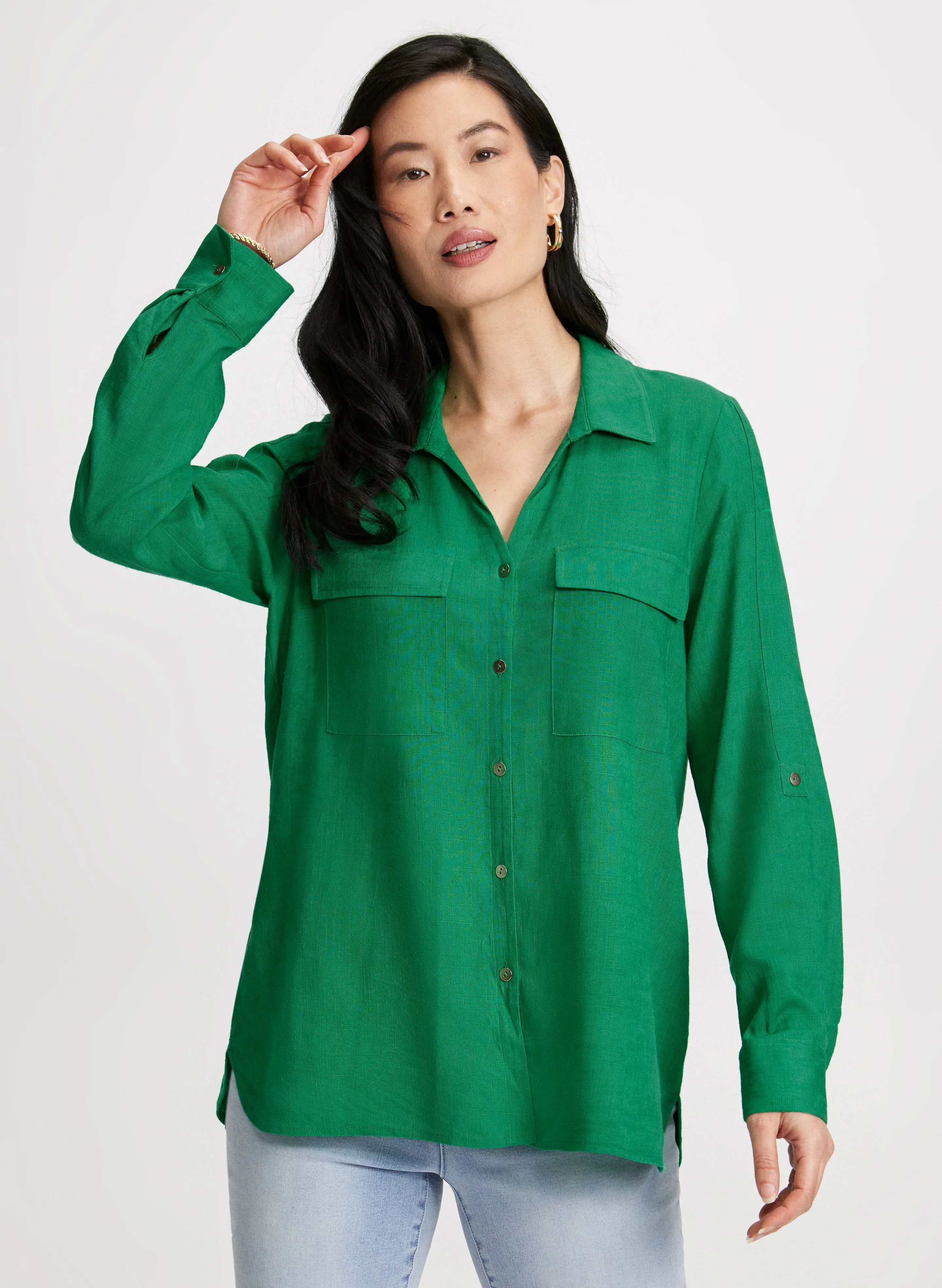 Rolled Sleeves Linen Blend Blouse