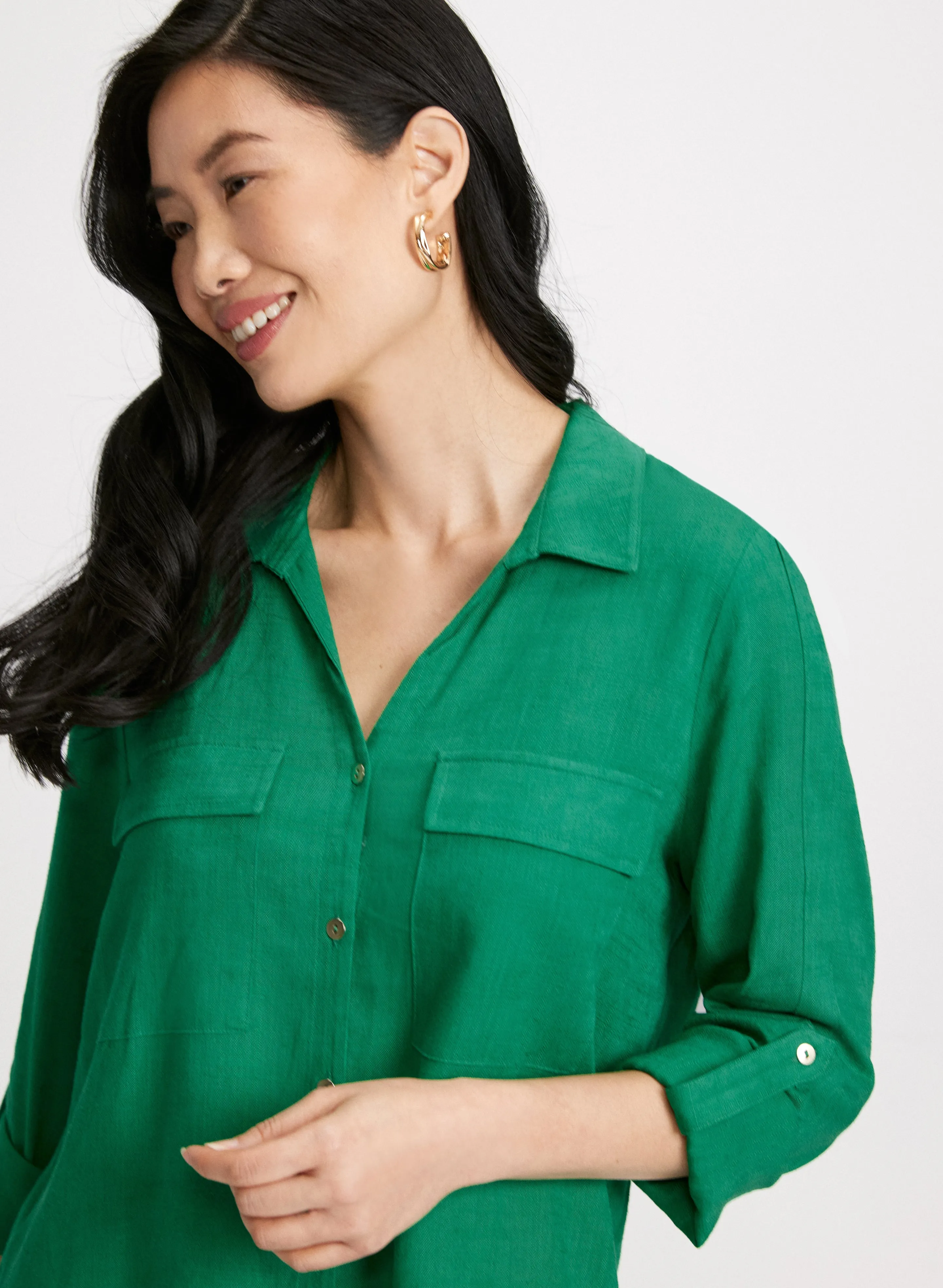 Rolled Sleeves Linen Blend Blouse