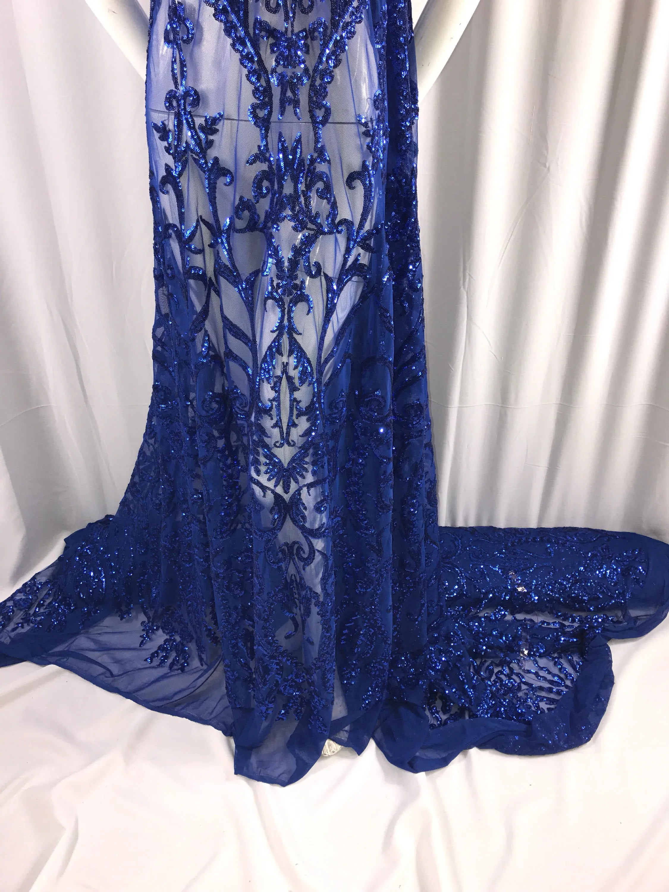 Royal blue damask design embroider with sequins on a 2 way stretch mesh-prom-nightgown-dresses-decorations-sold by the yard.