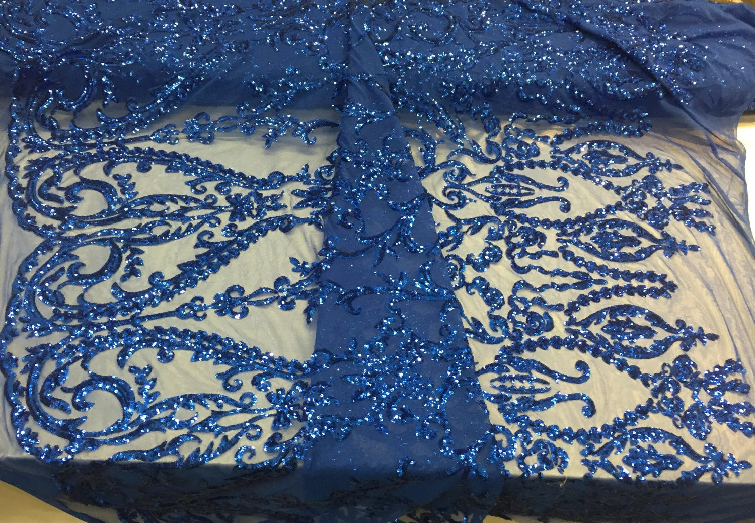 Royal blue damask design embroider with sequins on a 2 way stretch mesh-prom-nightgown-dresses-decorations-sold by the yard.