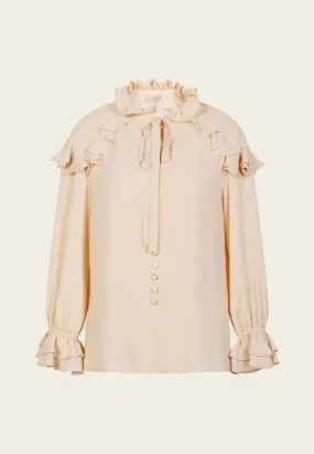 Ruffled Bow-Fastening Button Up Beige Chiffon Top