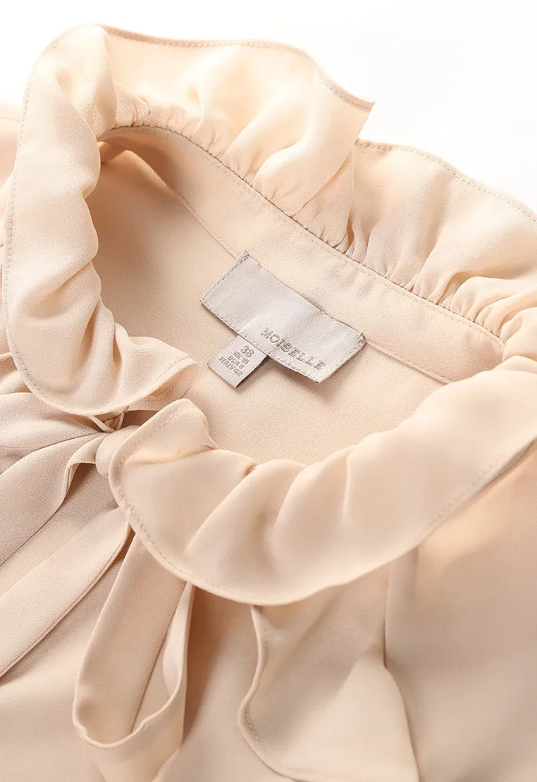 Ruffled Bow-Fastening Button Up Beige Chiffon Top