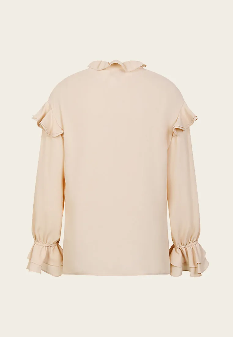 Ruffled Bow-Fastening Button Up Beige Chiffon Top